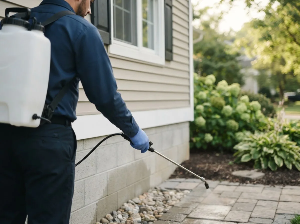 Pest control technician inspecting a home in Ord, NE